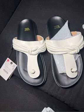 ZARA White Knotted Toe-Post Slide Sandals